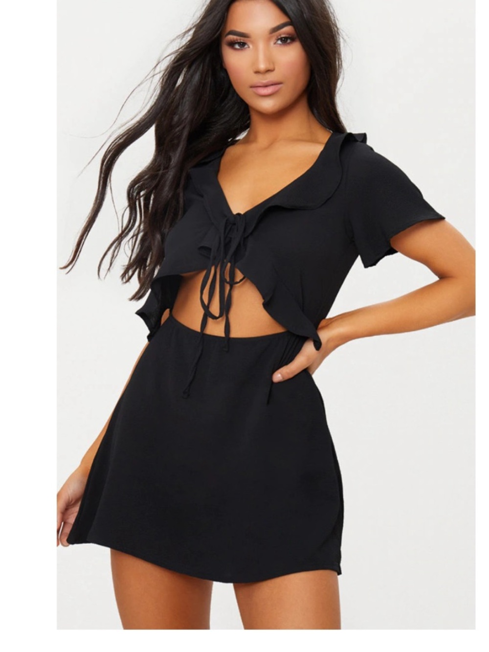 PrettyLittleThing Black Ruffle-Front Mini Dress